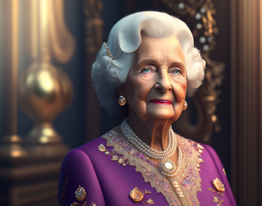 Elderly Lady in Purple Dress with White Hair and Pearls