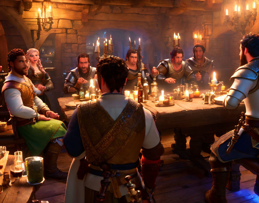 Medieval-themed animated characters in cozy tavern setting