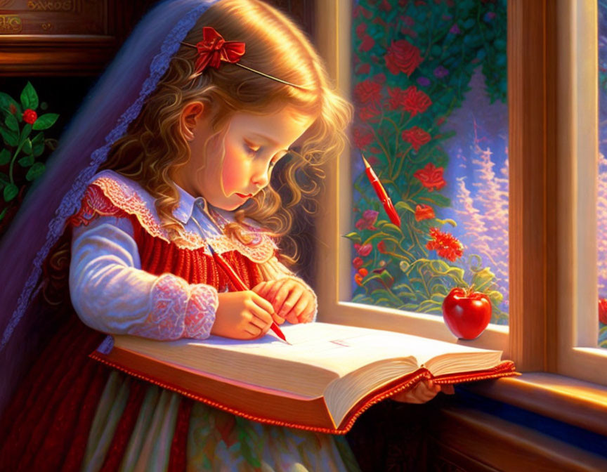 Young girl writing by window with red bow, apple, and roses