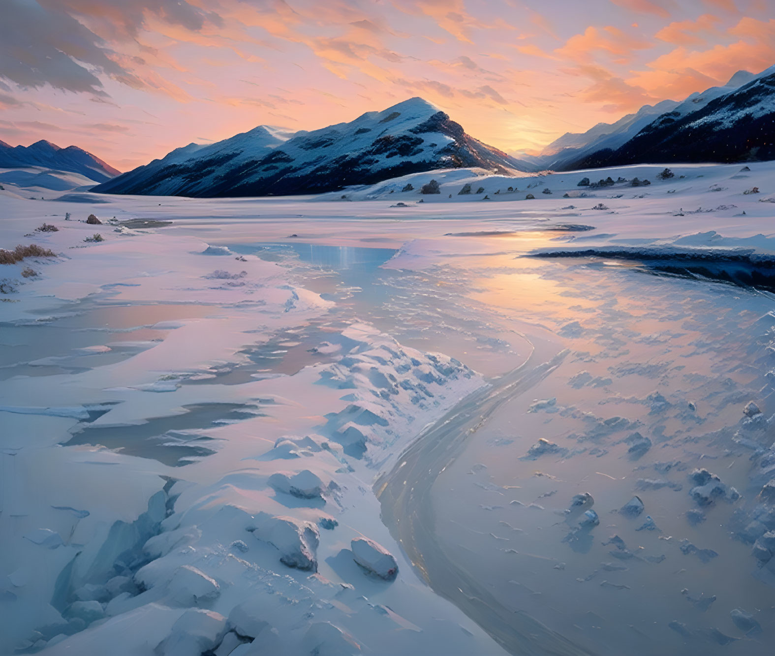 Snowy landscape at sunset: pink and orange skies, icy mountains, frozen river.