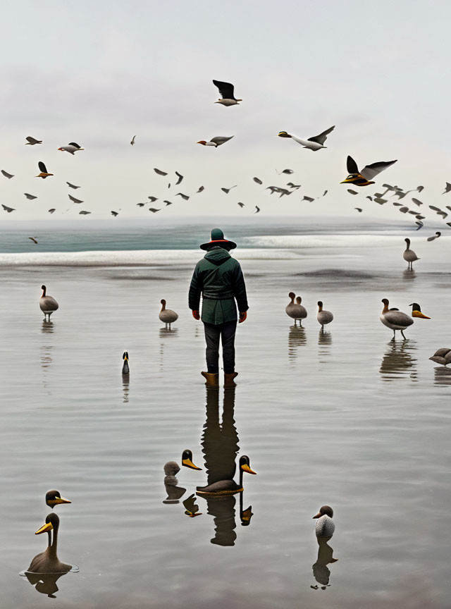 Reflective beach scene with birds under overcast sky