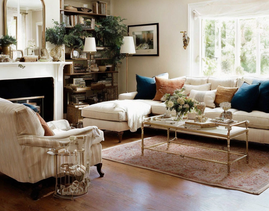 Cream Sofa in Cozy Living Room with Fireplace and Plant-Filled Shelving