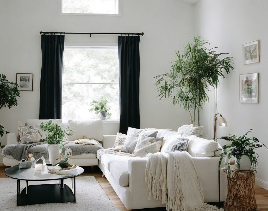 White Furniture, Green Plants, Round Coffee Table in Cozy Living Room