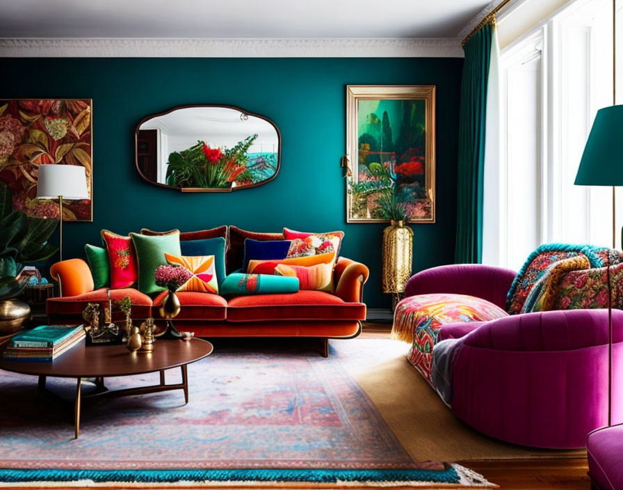 Colorful Living Room with Teal Walls & Eclectic Decor