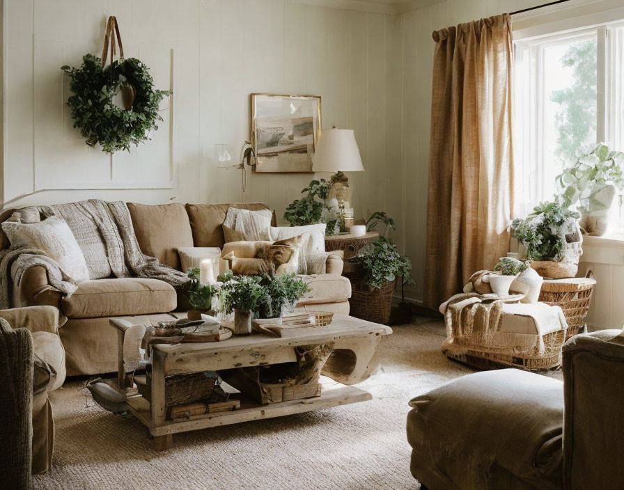 Neutral-toned living room with beige sofa and rustic wooden coffee table