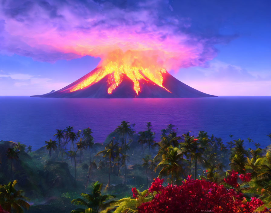 Majestic volcanic eruption at dusk over tropical shoreline