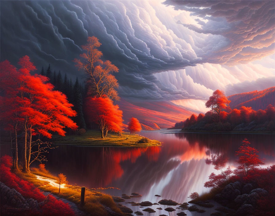 Vibrant red trees by a river under a swirling twilight sky