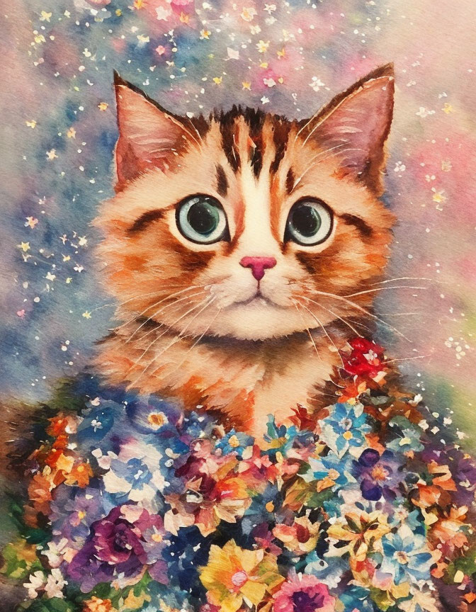 Colorful Watercolor Painting of Tabby Cat in Vibrant Flower Field