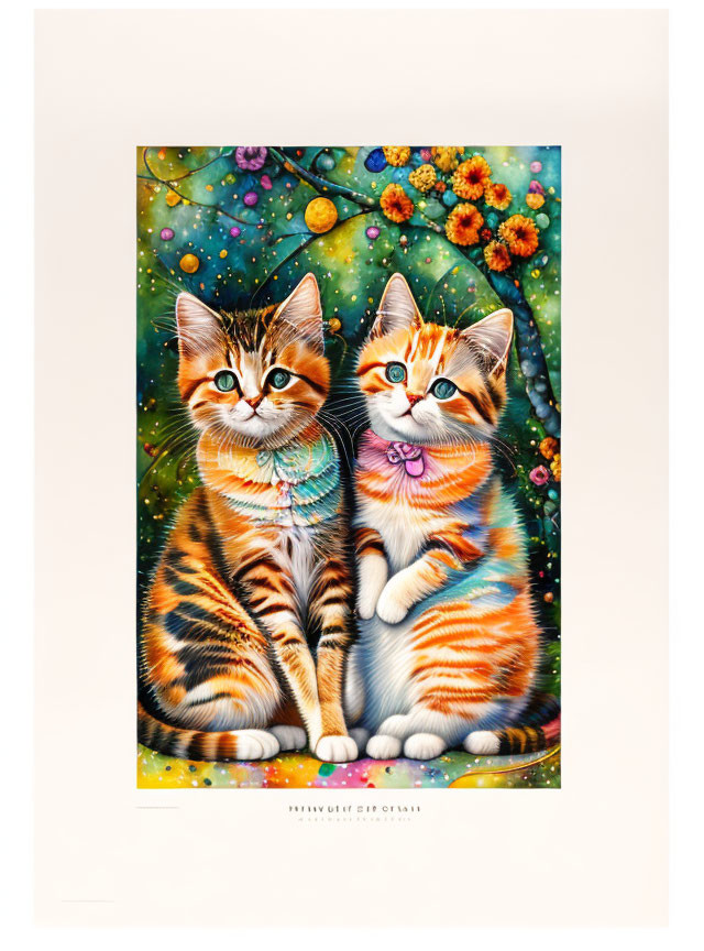 Colorful Whimsical Cats on Cosmic Background with Flowers