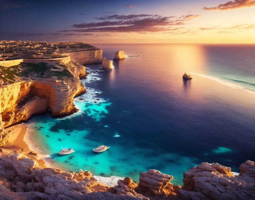 Sunset view of cliff-lined coast with turquoise waters, boats, and distant cityscape.