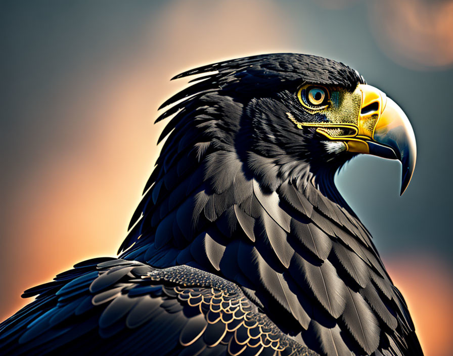 Majestic eagle with sharp eyes and golden beak against blurry orange background