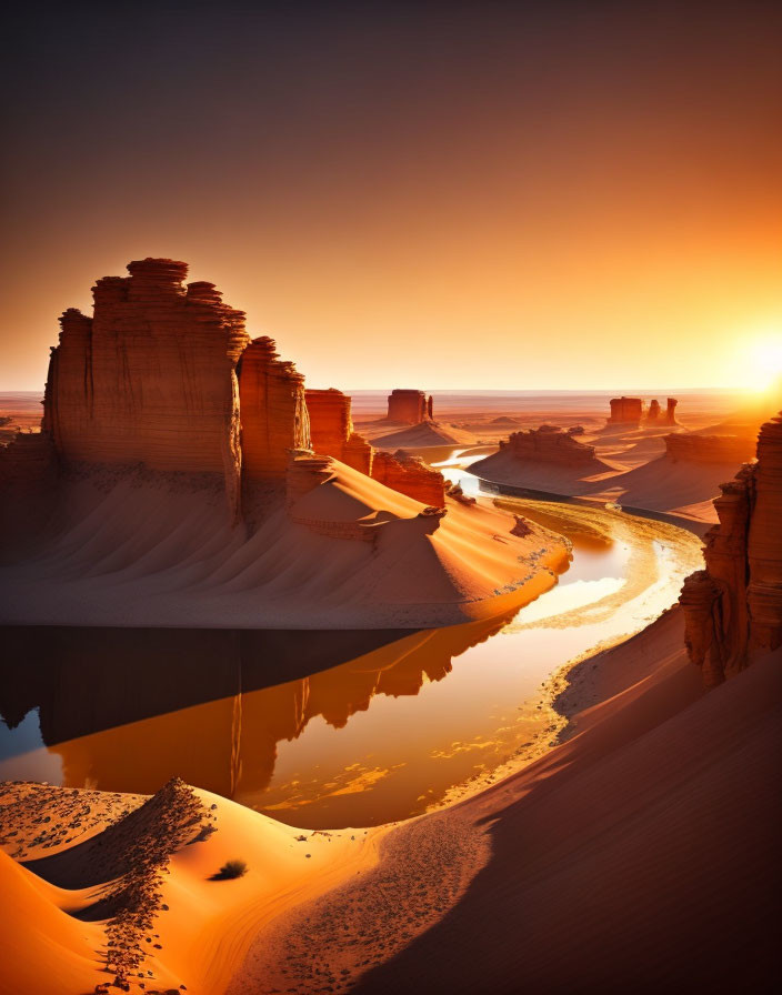 Sunlit sandstone formations by desert oasis at sunset with long shadows