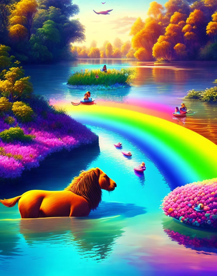 Colorful scene with lion, boats, flowers, and rainbow by river