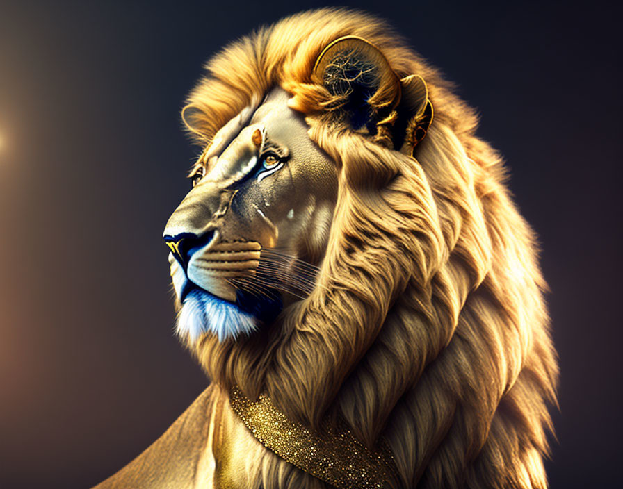 Majestic lion with golden circlet and piercing eyes on dark background