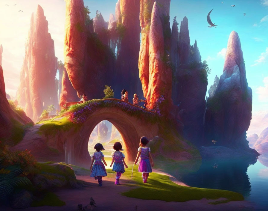 Three animated characters in magical landscape with rock formations and arch bridge under vibrant sunset sky