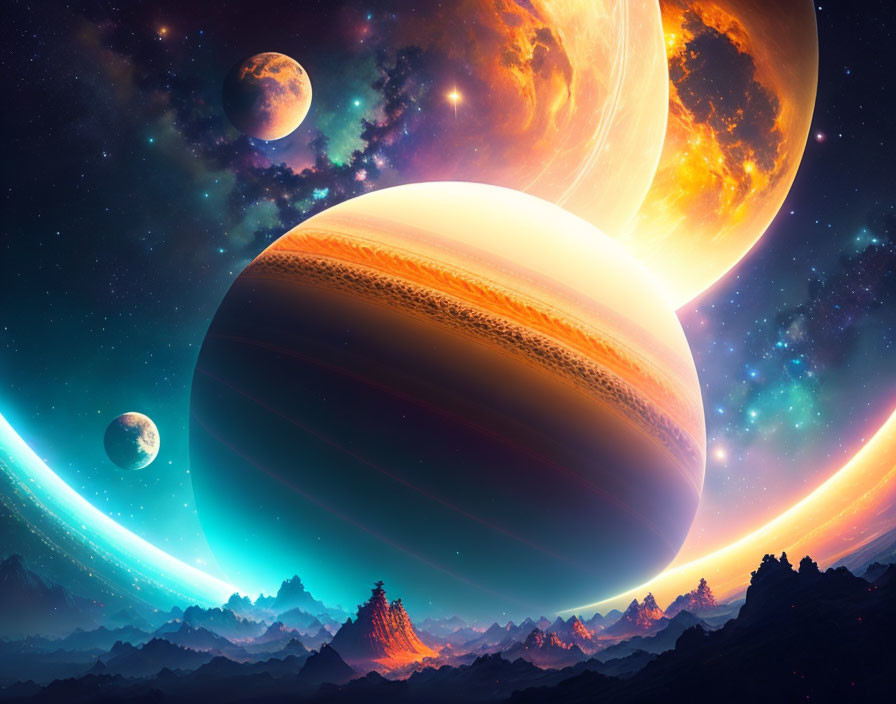 Colorful Nebulae and Planetary Landscape in Digital Space Art