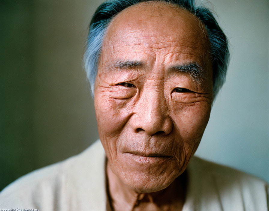 Elderly person with grey hair and wrinkles in calm expression