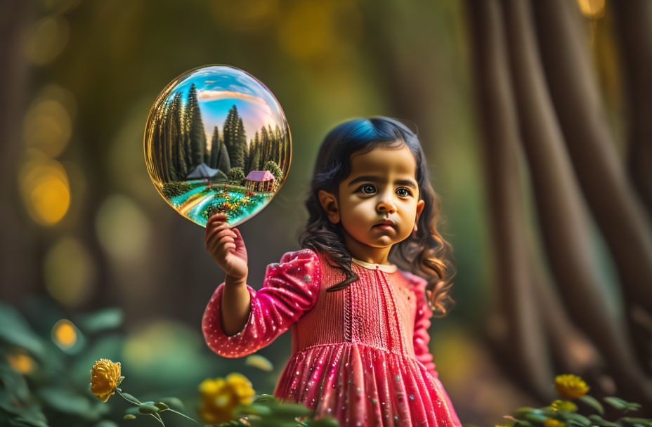 Young girl in red dress holding shimmering bubble with scenic landscape reflection