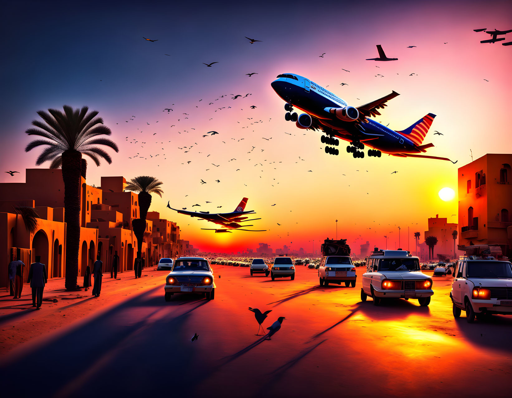 Busy Street Scene at Sunset with Vehicles, Palm Trees, Traditional Buildings, Birds, and Low-Flying