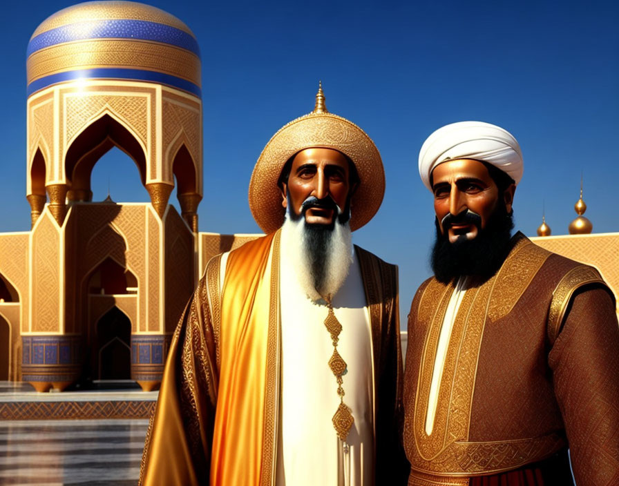 Traditional Middle Eastern attire on animated characters in front of ornate building with domes and arches.