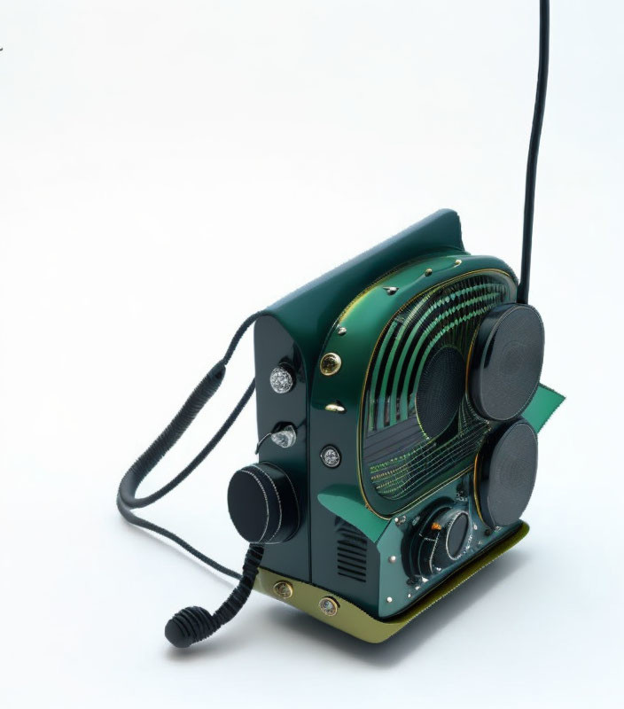 Vintage Green Radio with Black Speakers and Dials on White Background