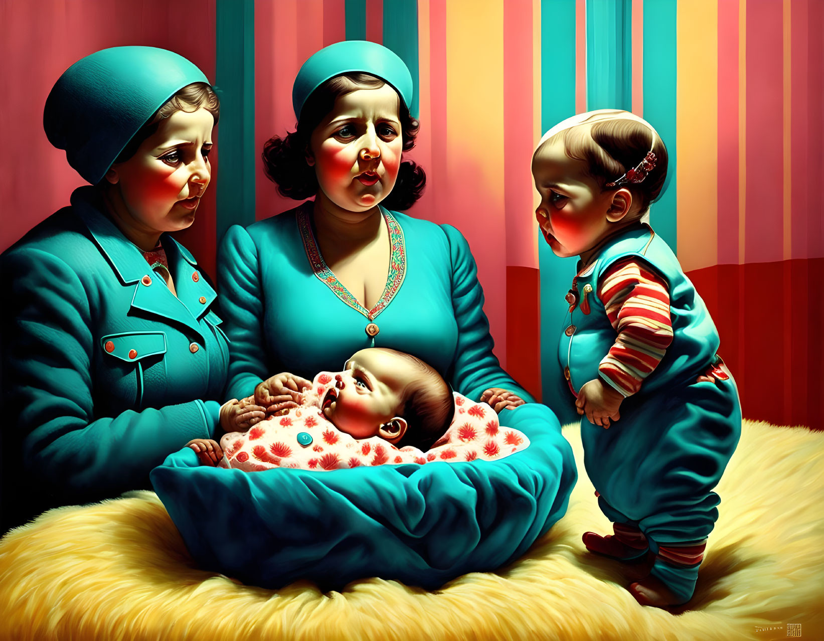 Stylized characters: woman, toddler, two babies in vintage turquoise and red attire on striped backdrop