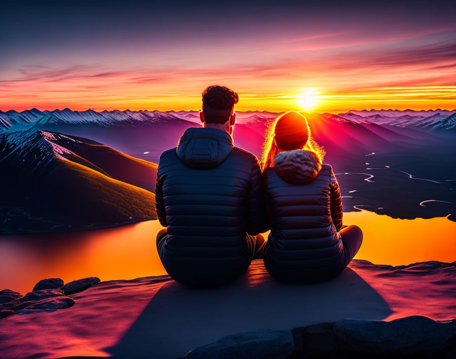 Couple sitting on mountain peak at sunset with snow-capped mountains view