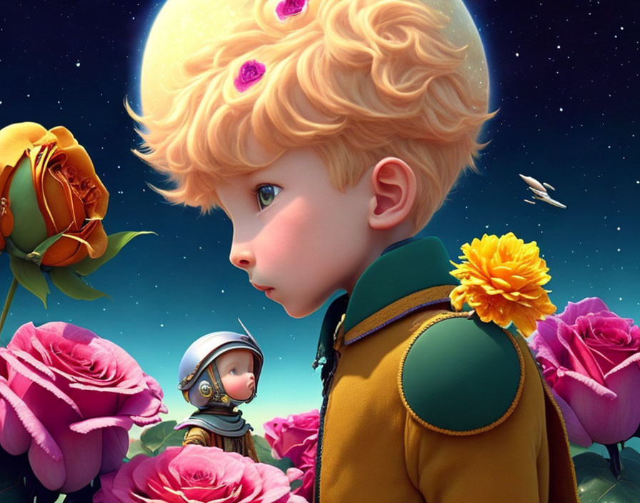 Digital artwork featuring young boy with curly blonde hair surrounded by oversized flowers and small astronaut, set against celestial