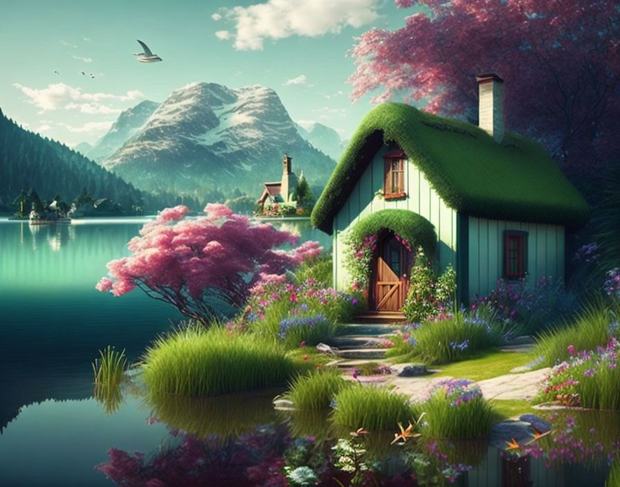 Charming cottage by lake with green roof, pink trees, mountains