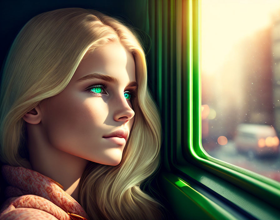 Blonde woman with blue eyes looking out train window in digital art