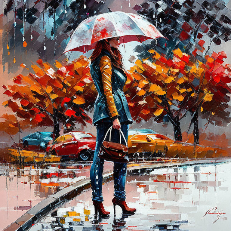 Woman with umbrella at crosswalk on rainy day with autumn foliage and city vehicles