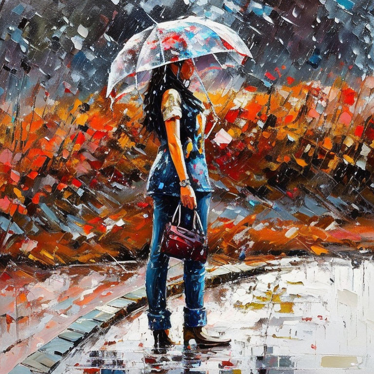 Woman with umbrella on wet street surrounded by vibrant abstract colors.