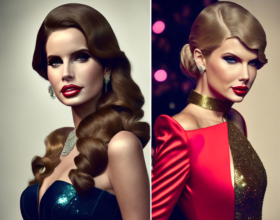 Stylized portraits of women with dramatic makeup and elegant hairstyles in glamorous outfits against bokeh light background