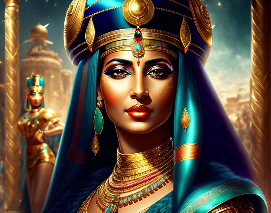 Regal woman in ancient Egyptian-style attire with headdress, jewelry, and makeup