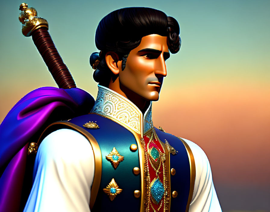 Stylized 3D rendering of male character in blue and gold vest with star decorations