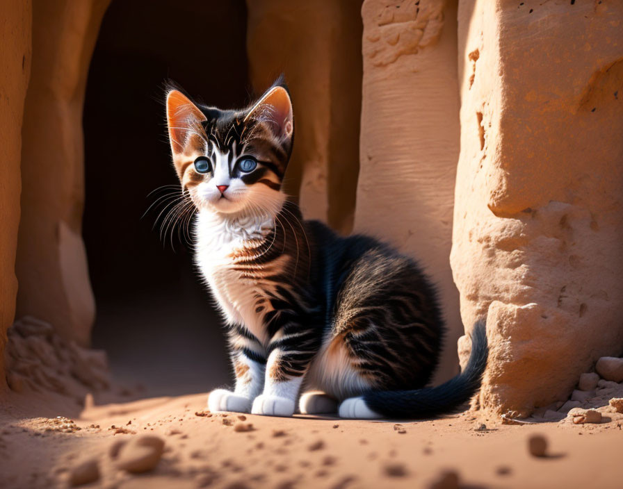 Curious kitten with striking markings in sunlight on sandy ground