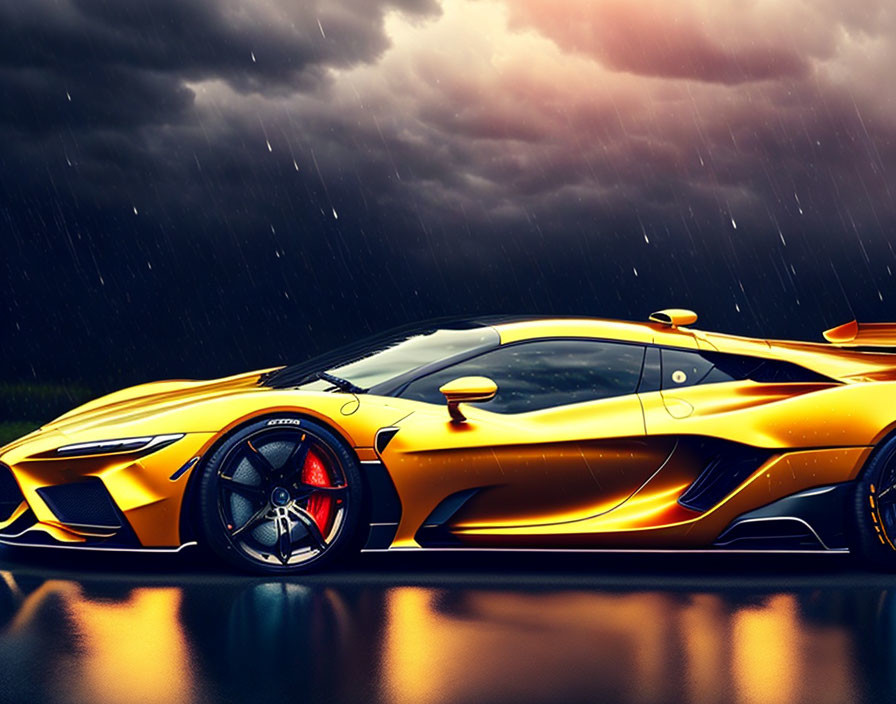 Yellow Sports Car with Black Accents Under Stormy Sky and Rain