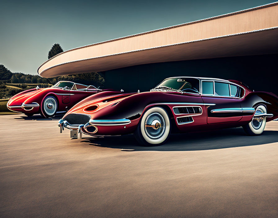 Vintage sports cars parked by retro-futuristic building at sunset