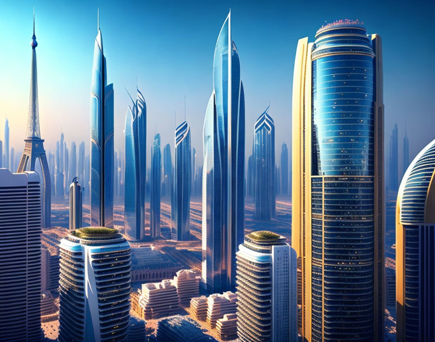 Futuristic cityscape with sleek skyscrapers and advanced architecture