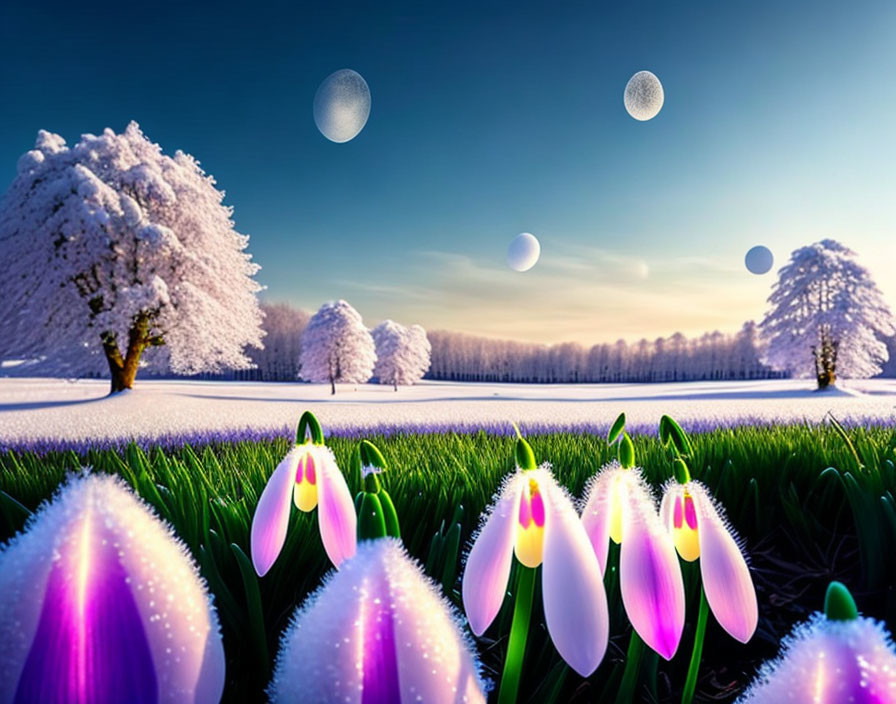 Winter landscape with purple-tipped snowdrops, snow-covered trees, and floating orbs