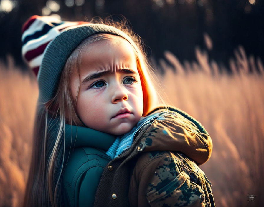 Blond-Haired Girl in Striped Hat and Camo Jacket in Thoughtful Pose