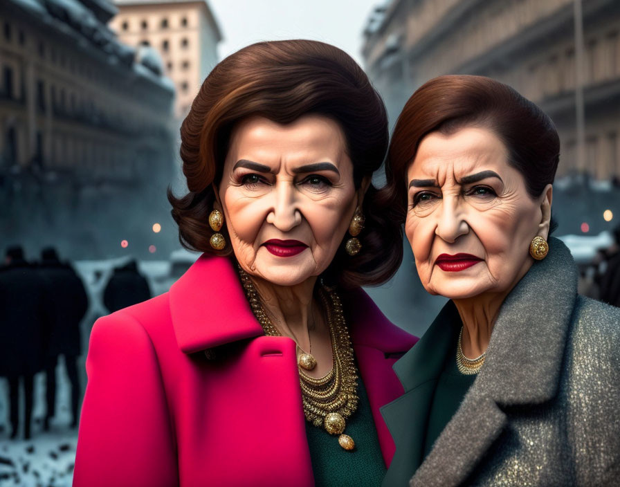 Elderly female figures in stylish attire against city backdrop