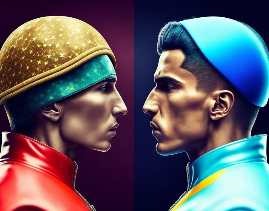 Contrasting profile faces in digital artwork: celestial and futuristic themes