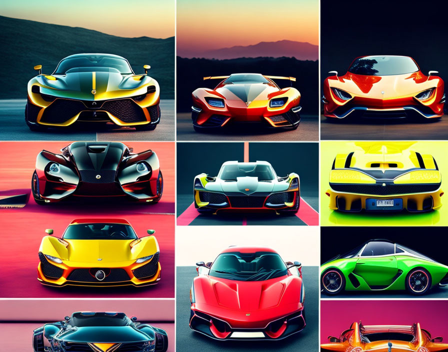 Various High-Performance Sports Cars Collage in Multiple Colors and Designs