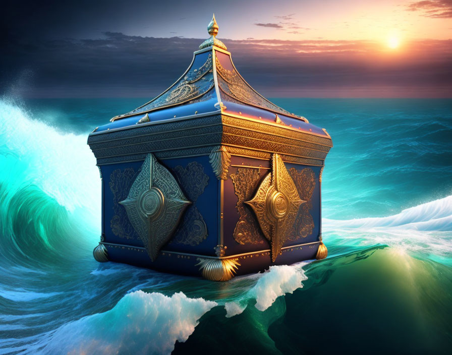 Ornate Blue and Gold Box Floating in Teal Ocean Waves at Sunset