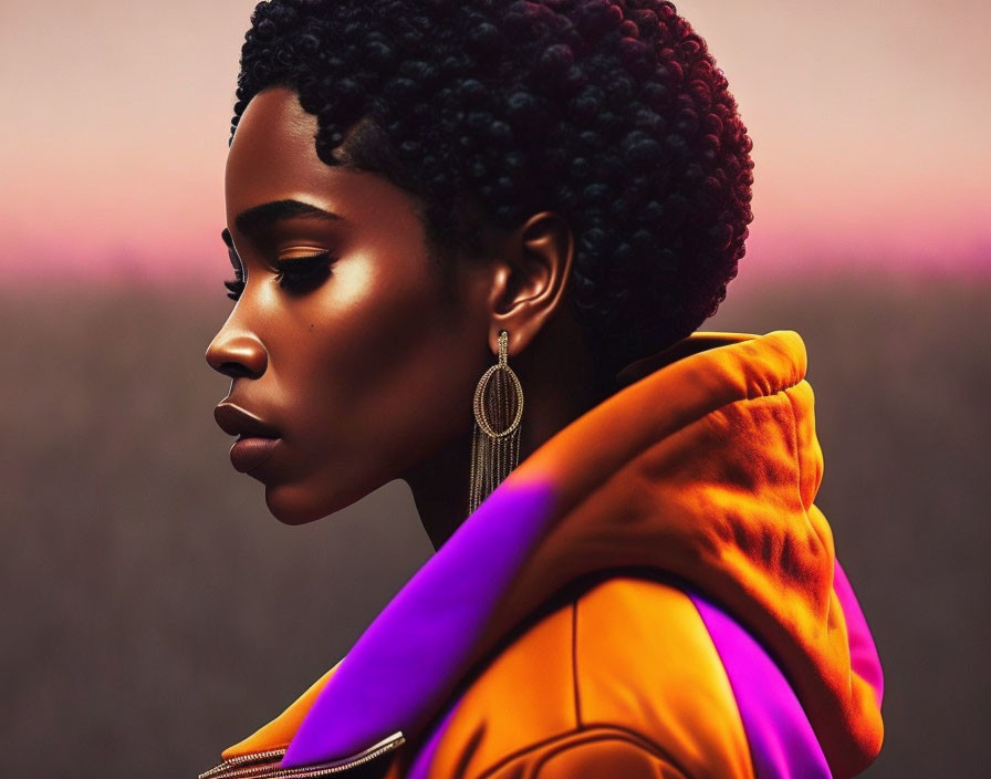 Woman with Braided Hair in Hoop Earrings and Colorful Jacket at Sunset