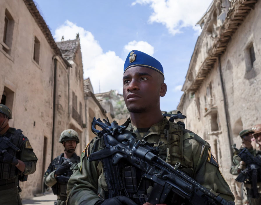 Military soldier in blue beret with rifle in historical urban setting.