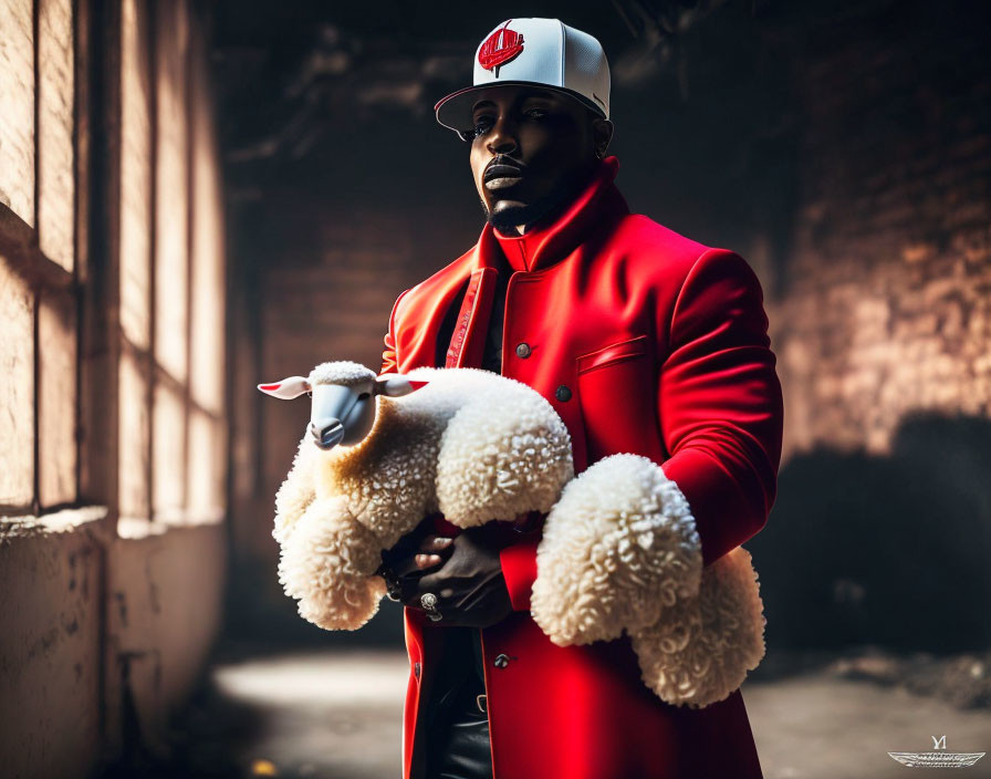 Man in red coat holding plush sheep in dimly lit room