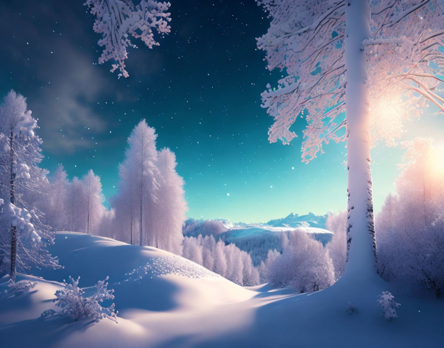 Snow-covered trees in serene winter landscape at dawn or dusk