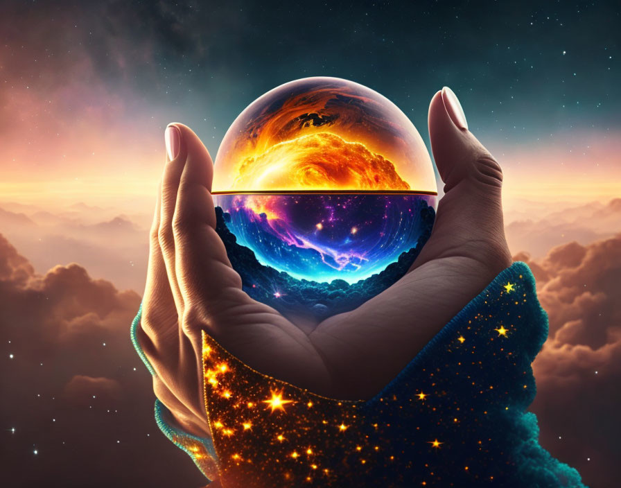 Hands holding crystal ball showing cosmic landscape